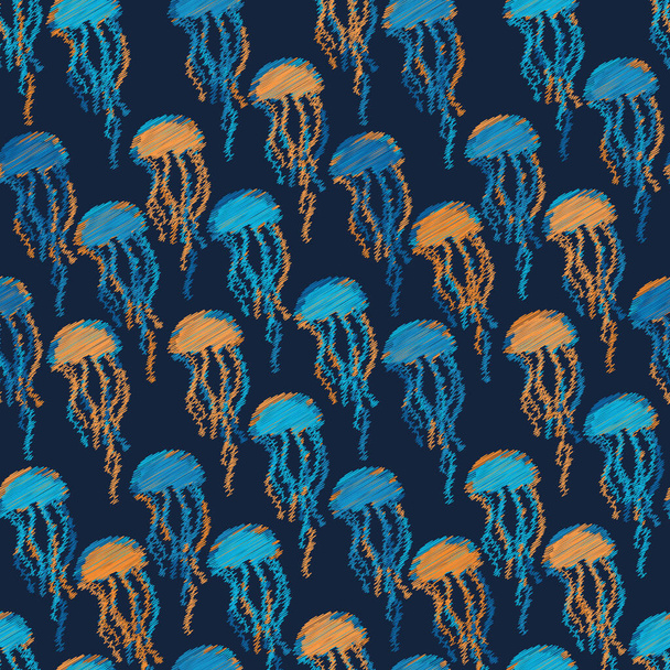 blue and orange scribbled jellyfish seamless vector pattern - Vektor, obrázek