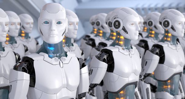 Una folla di lavoratori cyborg in piedi di fila. Illustrazione 3D
 - Foto, immagini