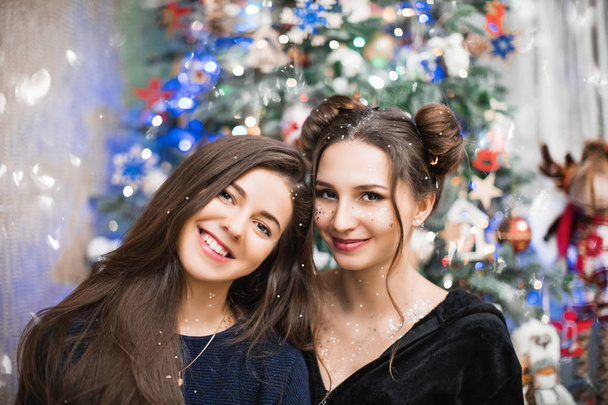 Two happy girls celebrate New Year together. Close-up photo of two lovely girlfriends, against the background of a Christmas tree with lights. - Φωτογραφία, εικόνα