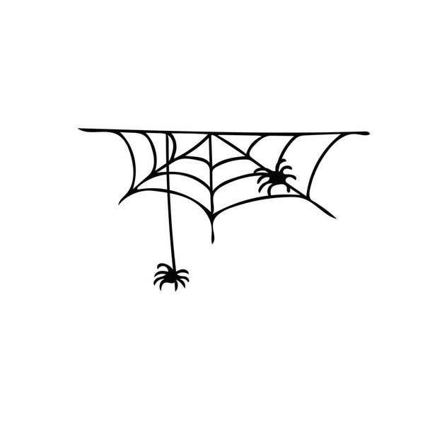 Frontera de tela de araña con arañas Mano dibujada en estilo garabato. Forro simple escandinavo. Elemento para el icono de diseño, logotipo, tarjeta, cartel. decoración de Halloween - Vector, imagen