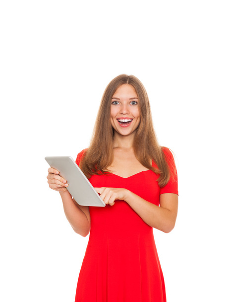 Pretty woman with happy smile holding tablet computer - Foto, afbeelding