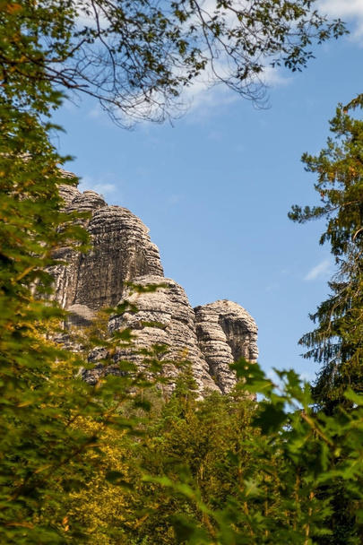 Pedras de mel de formação rochosa na Suíça saxônica perto de Rathen nas montanhas alemãs de arenito do Elba fotografadas através de árvores caducifólias frondosas
 - Foto, Imagem