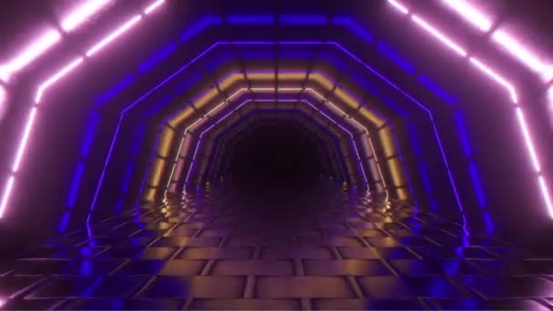 Egy fényes neon geometrikus alagútban repül. Jövőbeli technológia. Modern színskála. Szoba belseje ragyogó neon fénycsövekkel. Futurisztikus építészeti háttér. Seamlees hurok 3d render - Felvétel, videó