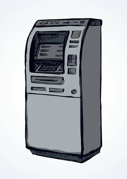 Web line obchod úvěr displej bancomat kiosek pin kód klávesnice pokladní zařízení na bílém papíru. Obrys černou rukou kreslené vydělávat dolar platy monitor logo znak ikona koncept náčrt v grafickém kresleném stylu - Vektor, obrázek