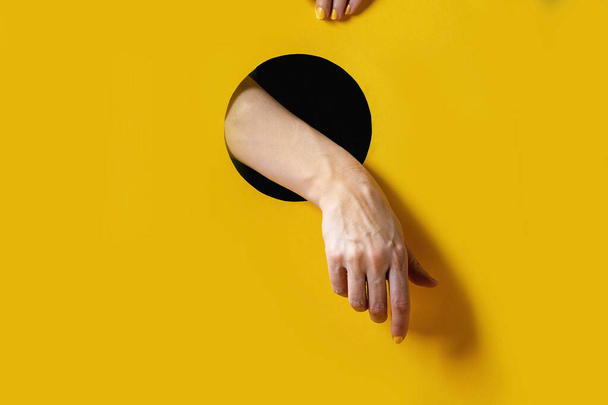 Female hand with yellow manicure points or touch to something from black round hole on yellow background. Trend - Fotoğraf, Görsel