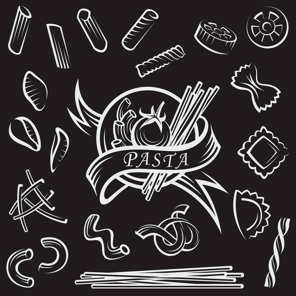 коллекция вилки и блюда с различными макаронами изолированы на черном фоне
 - Вектор,изображение