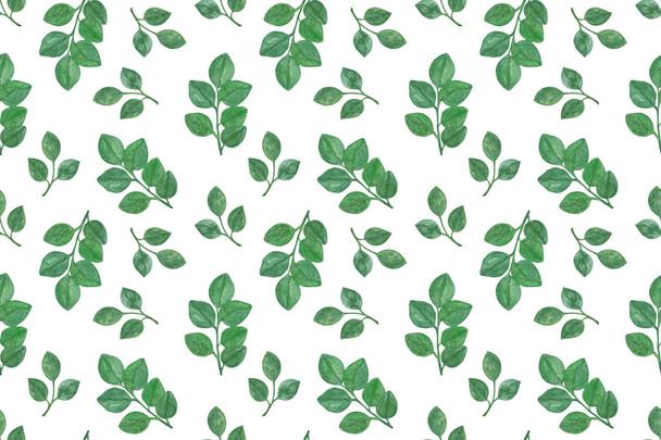Repeat pattern of watercolor fancy leaves branches on the white background, hand drawn illustration that can be used for textile, fabrics, invitations and the like - Photo, image