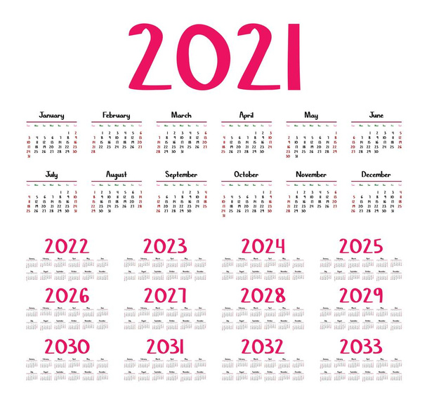 Calendario Inglés para los años 2021-2033, la semana comienza el domingo
 - Vector, imagen