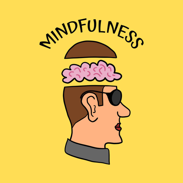 Mindfulness concept. Man with open head, with a brain. - Vector, Image