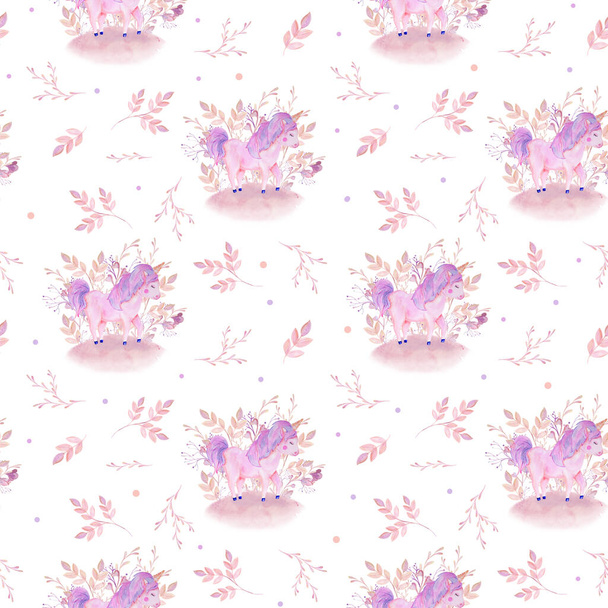 aquarel naadloos patroon roze eenhoorn en bloemen - Foto, afbeelding
