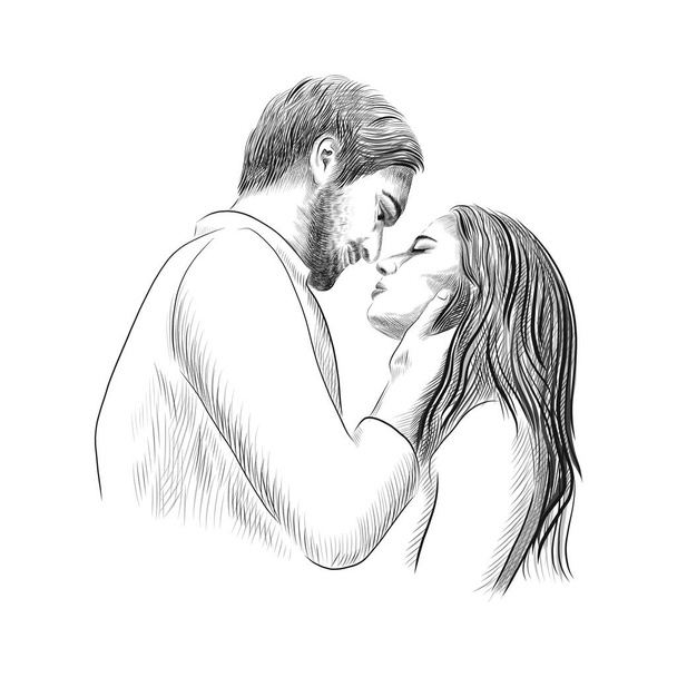 Pareja en el amor - dibujado a mano ilustración de bosquejo vectorial con el hombre y la mujer fecha. Un segundo antes del momento del beso
. - Vector, imagen