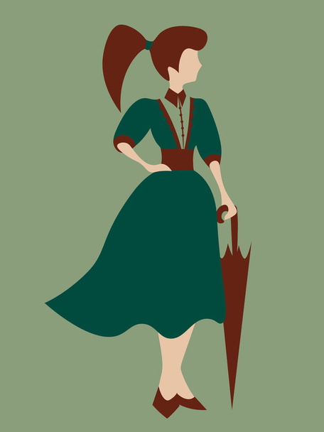 Yeşil elbiseli, elinde şemsiyesi olan eski moda yüzsüz kadın. - Vektör, Görsel