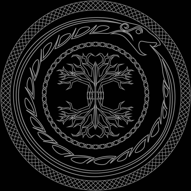 Contour old scandinavian pagan symbols yggdrasil and ouroboros in ornamented circles - Vector, Image