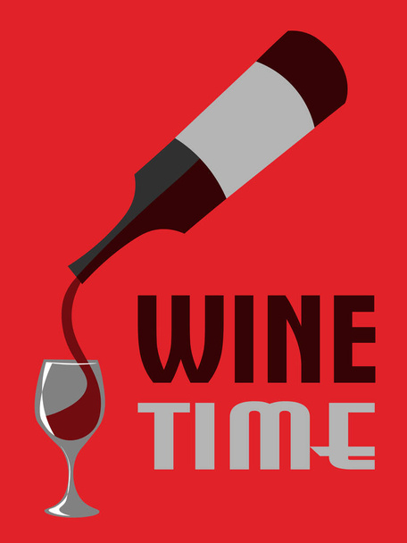 Staromódní plakát s lahví červeného vína nalévající se do skla na červeném pozadí, text "čas na víno" - Vektor, obrázek