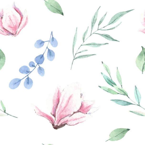 Hand drawn watercolor magnolia floral pattern - Photo, image