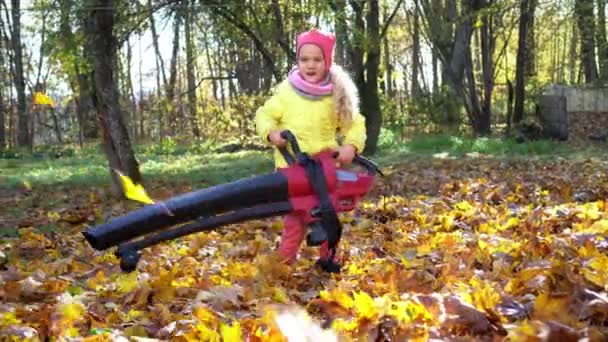 child girl holding leaf blower and blowing autumn leaves in garden - Footage, Video