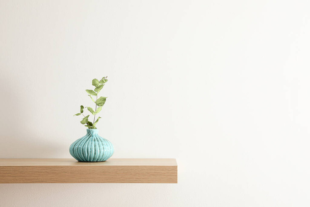 Wooden shelf with plant in vase on light wall - Fotografie, Obrázek