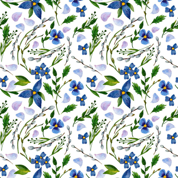 spring watercolor seamless pattern. Spring flowers are intertwined with herbs - Zdjęcie, obraz