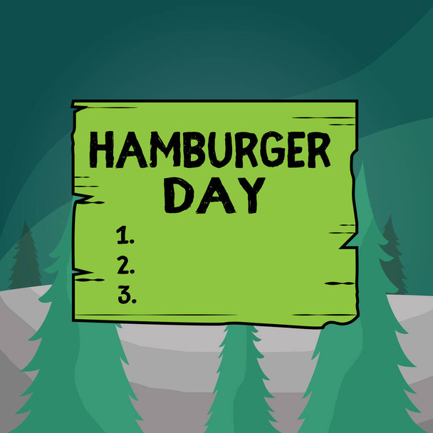 Word writing text Hamburger Day. Business concept for celebrates the history of this most irresistible of sandwiches Wooden square plank empty frame slots grooves wood panel colored board lumber. - Fotó, kép