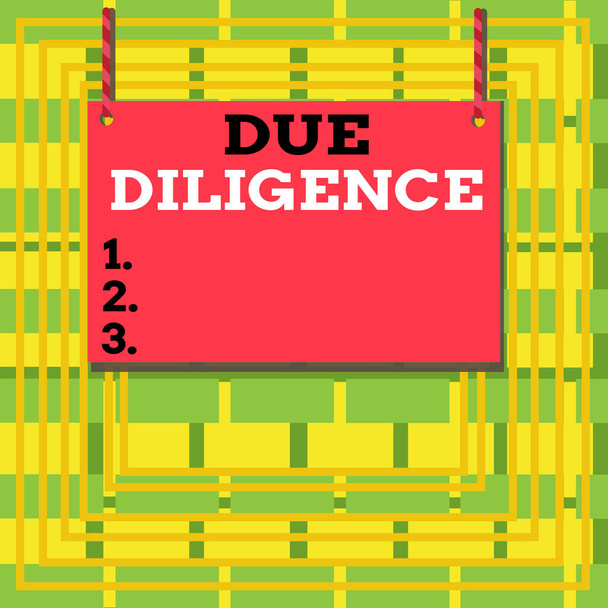 Text sign showing Due Diligence. Conceptual photo Rational steps taken by a demonstrating to avoid committing a tort Wooden board wood rectangle shape empty frame fixed colorful striped string. - Foto, afbeelding