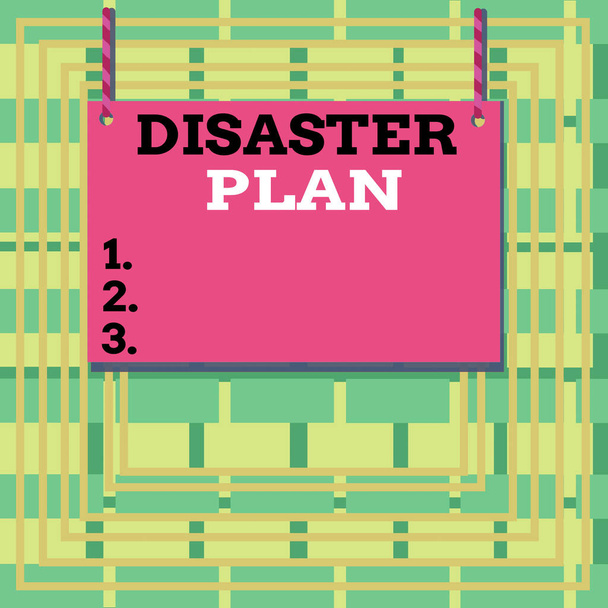 Text sign showing Disaster Plan. Conceptual photo outlines how an organization responds to an unplanned event Wooden board wood rectangle shape empty frame fixed colorful striped string. - Photo, Image