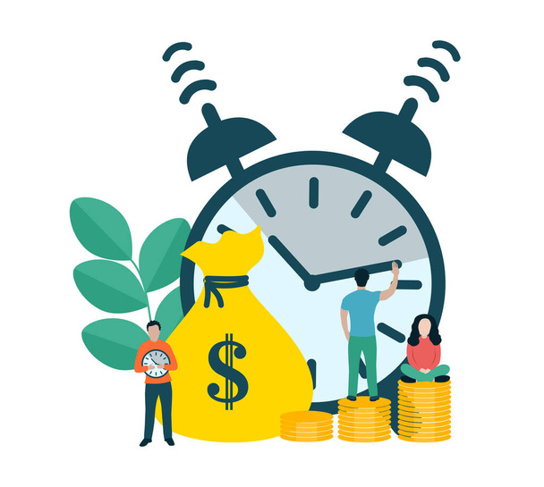 A man controls the hands of a watch. A woman is sitting on a stack of coins. A man is standing on coins. Man holds a clock. Management of time and income. - Vector, Image
