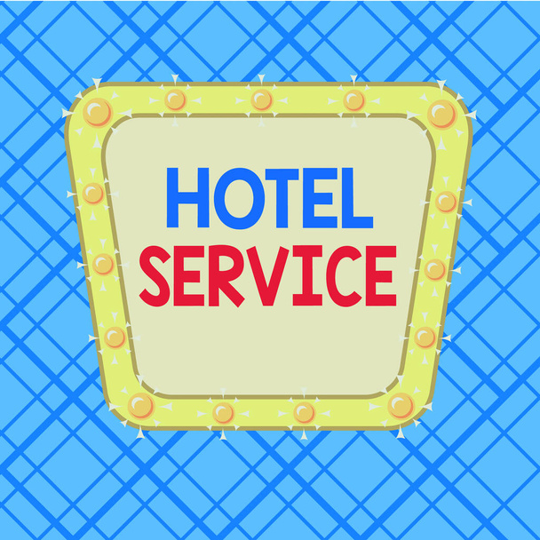 ワードライティングテキストホテルサービス。お客様に温かみのある宿泊施設やその他のサービスを提供するためのビジネスコンセプト非対称不均一な形状のパターンオブジェクト概要多色設計. - 写真・画像