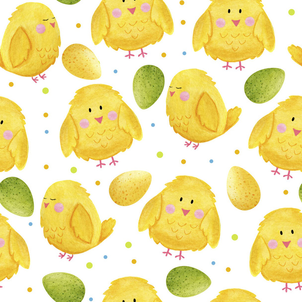 watercolor seamless pattern, yellow easter chickens with eggs - Фото, зображення