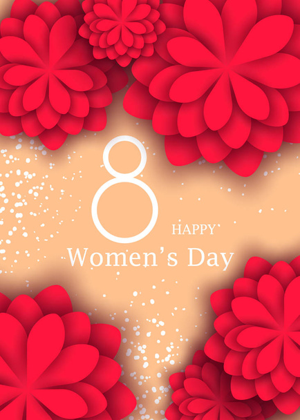March 8 flower card. International Women's Day. Holiday 3d background of red paper flower on pastel backdrop with square frame. Trendy design template. Vector vertical view. - Διάνυσμα, εικόνα