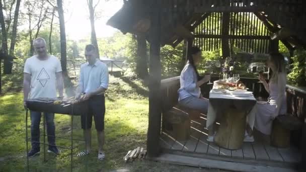 family outdoors, picnic, barbecue, communication about life, drink wine, barbecue - Video