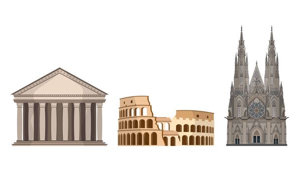 Conjunto de hitos mundiales aislados sobre un fondo blanco. Coliseo y Panteón en Roma. Catedral de San Vito en Praga
. - Vector, imagen