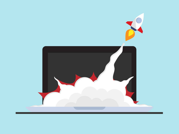 εκτόξευση πυραύλου από laptop επιχείρηση startup ιδέα διάνυσμα απεικόνιση επίπεδη σχεδίαση - Διάνυσμα, εικόνα