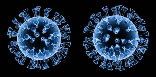3D-Rendering Röntgenkoronavirus-Zelle oder Covid-19-Zelle isoliert auf schwarz - Foto, Bild