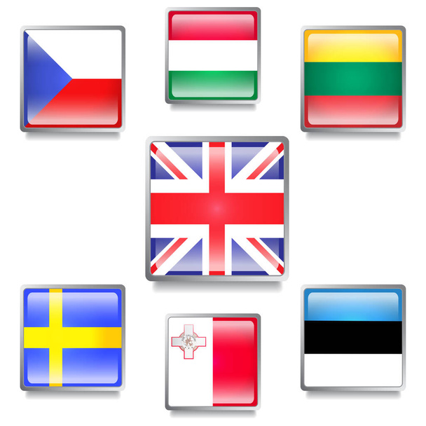 Set with Seven EU Countries Flags Made as Glossy Web Buttons with Grey Frames - Vector, Imagen