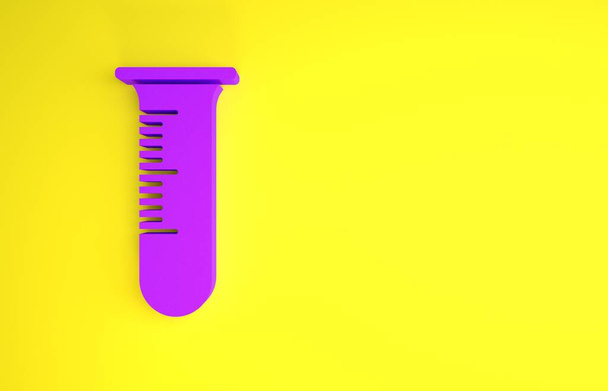 Lila Reagenzglas und Kolbensymbol isoliert auf gelbem Hintergrund. Chemische Laboruntersuchung. Laborgläser. Minimalismus-Konzept. 3D Illustration 3D Renderer - Foto, Bild