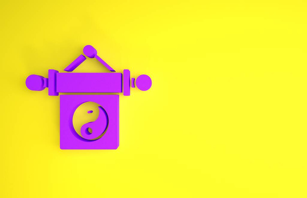 Фиолетовый Инь Ян символ гармонии и баланса значок изолирован на желтом фоне. Концепция минимализма. 3D-рендеринг - Фото, изображение