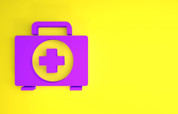 Ícone de kit de primeiros socorros roxo isolado no fundo amarelo. Caixa médica com cruz. Equipamento médico de emergência. Conceito de saúde. Conceito de minimalismo. 3D ilustração 3D render - Foto, Imagem