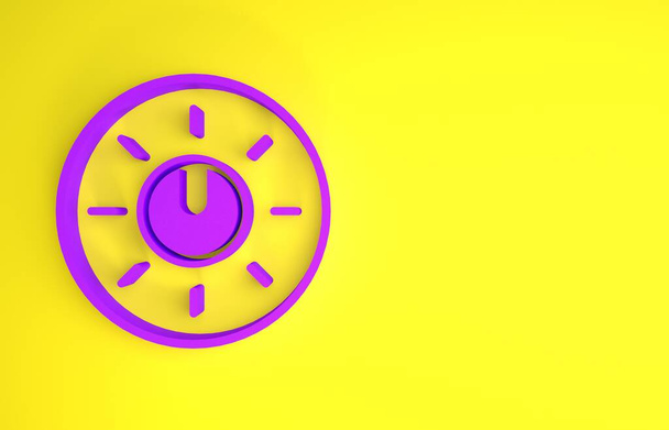 Icône de paramètres de technologie de niveau de bouton de cadran violet isolé sur fond jaune. Bouton de volume, contrôle sonore, régulateur analogique. Concept de minimalisme. Illustration 3D rendu 3D
 - Photo, image