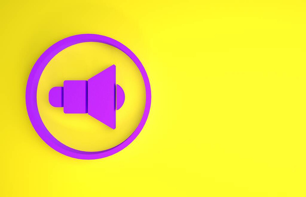 パープルスピーカーボリューム、オーディオ音声サウンドシンボル、黄色の背景に隔離されたメディア音楽アイコン。最小限の概念。3Dイラスト3Dレンダリング - 写真・画像