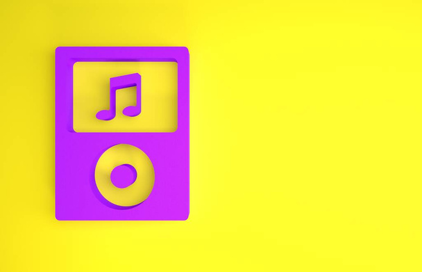 Lila Zene játékos ikon elszigetelt sárga háttérrel. Hordozható zenélő eszköz. Minimalizmus koncepció. 3d illusztráció 3d render - Fotó, kép