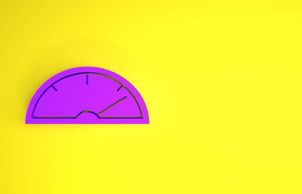 Fioletowa ikona prędkościomierza odizolowana na żółtym tle. Koncepcja minimalizmu. Ilustracja 3D 3D renderowania - Zdjęcie, obraz