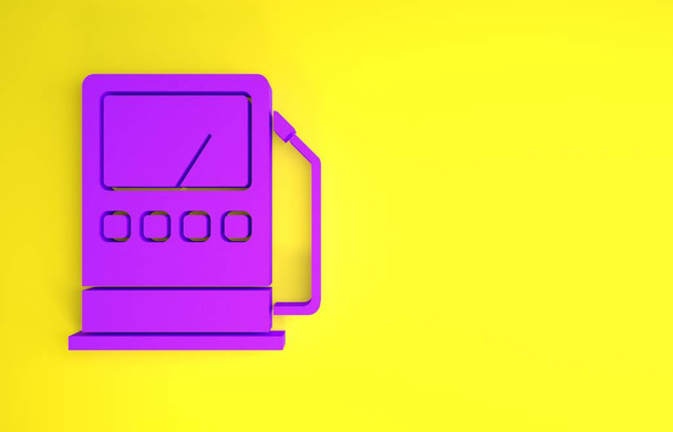 Фиолетовый бензин или значок заправки изолированы на желтом фоне. Автомобильный символ топлива. Бензиновый насос. Концепция минимализма. 3D-рендеринг
 - Фото, изображение