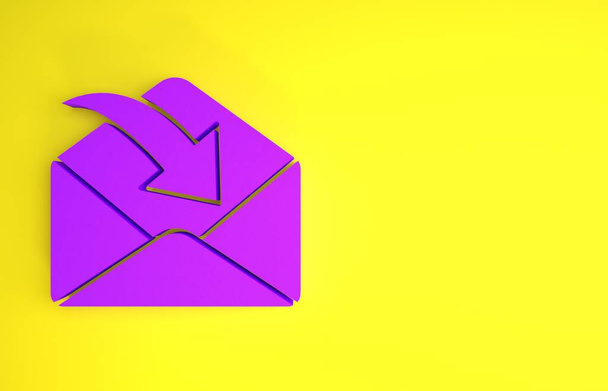黄色の背景に分離された紫のエンベロープアイコン。受信したメッセージのコンセプト。新しい、電子メール受信メッセージ、 sms 。郵便配達サービス。最小限の概念。3Dイラスト3Dレンダリング - 写真・画像