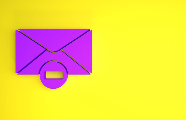 黄色の背景に隔離された紫のエンベロープアイコンを削除します。削除またはエラー文字。伝言をどうぞ。拒否されたメール。最小限の概念。3Dイラスト3Dレンダリング - 写真・画像