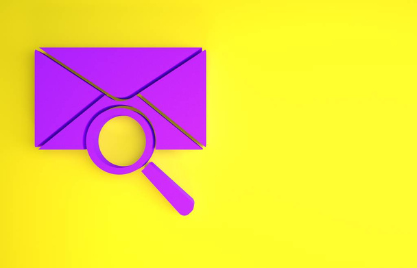 Enveloppe mail violet avec icône loupe isolée sur fond jaune. Concept de minimalisme. Illustration 3D rendu 3D
 - Photo, image