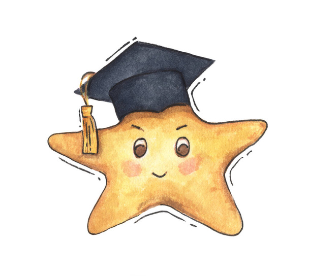 Yellow star in Graduation cap. Isolated on white background. Hand drawn watercolor illustration. Uniform headgear items. - Photo, Image