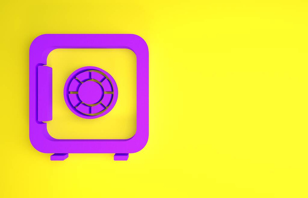 Фиолетовый значок на желтом фоне. Дверь в сейф банковского хранилища с комбинационным замком. Надежная защита данных. Концепция минимализма. 3D-рендеринг - Фото, изображение