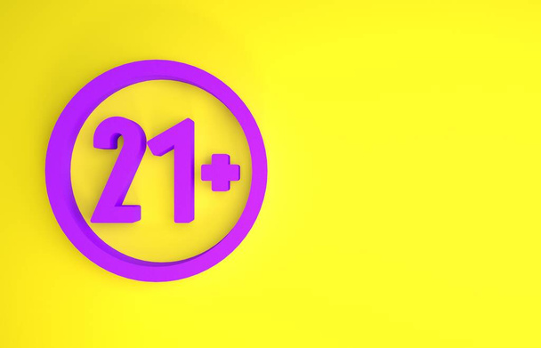 Μωβ 21 συν εικονίδιο που απομονώνεται σε κίτρινο φόντο. Εικονίδιο περιεχομένου ενηλίκων. Μινιμαλιστική έννοια. 3d απεικόνιση 3D καθιστούν - Φωτογραφία, εικόνα
