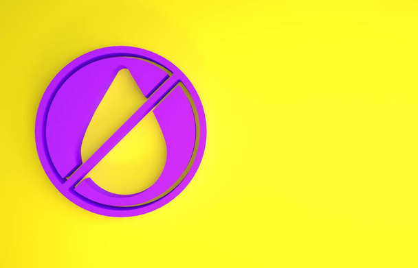 Purple Water drop forbidden icon isolated on yellow background. No water sign. Minimalism concept. 3d illustration 3D render - Photo, Image