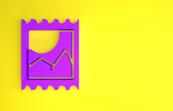 LSD-Säuremarkierungssymbol in violett auf gelbem Hintergrund. Saures Betäubungsmittel. Poststempel. Briefmarke. Gesundheitsgefahr. Minimalismus-Konzept. 3D Illustration 3D Renderer - Foto, Bild